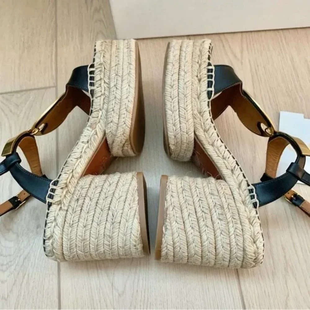 🌟 CHLOE Pema Black Leather Gold Medallion Espadrille Heeled Platform Sandals